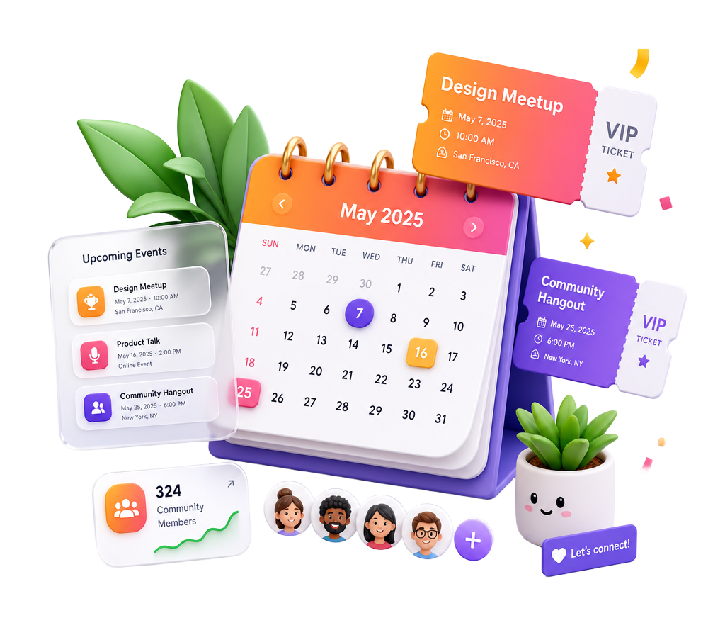 Illustration of a 3D calendar with event tickets and community icons